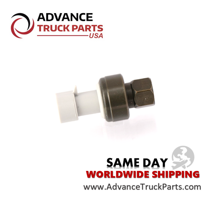 Advance Truck Parts USA branded studio horizontal right side profile perspective showcasing the female threaded base and grey connector housing of the heavy-duty high pressure A/C switch