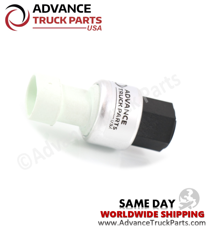 Advance Truck Parts USA branded studio side profile featuring the complete pressure switch unit displaying the black threaded base, central silver body stamped with branding, and extended connector housing