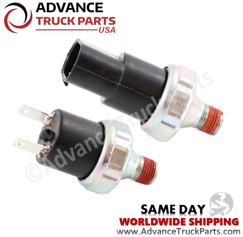Advance Truck Parts USA branded studio right side angled perspective highlighting the dual blade terminals and metal threaded base with red sealant of the heavy-duty air pressure switch