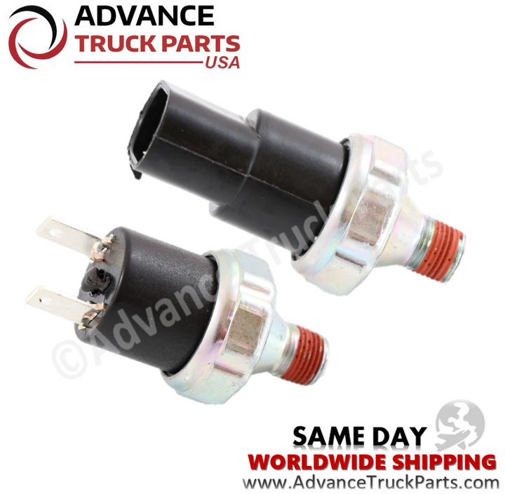 Advance Truck Parts USA branded studio right side angled perspective highlighting the dual blade terminals and metal threaded base with red sealant of the heavy-duty air pressure switch