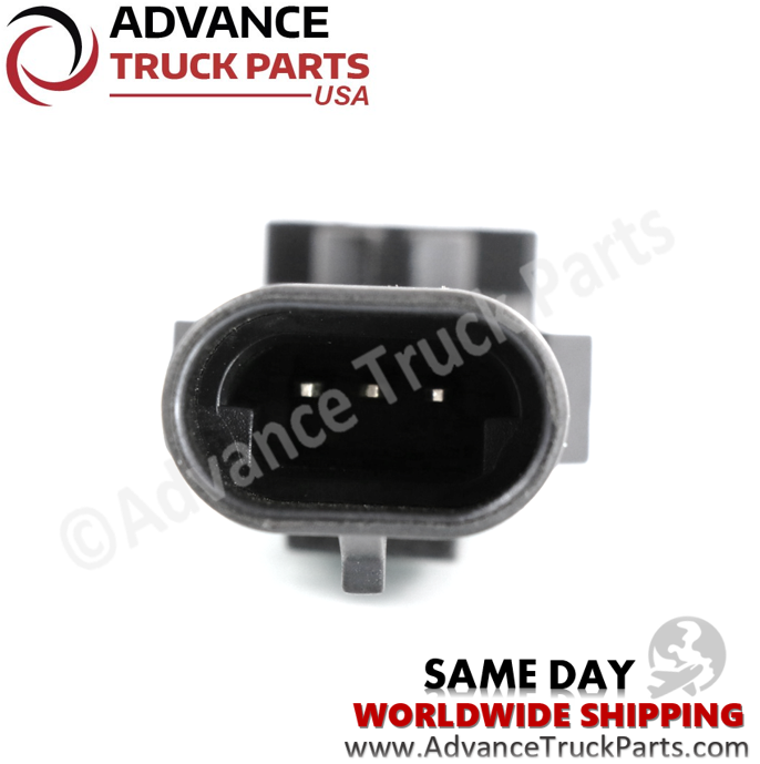 Advance Truck Parts USA branded studio close up straight perspective looking directly into the oval connector housing and 3-pin layout of the heavy-duty ambient air temperature sensor