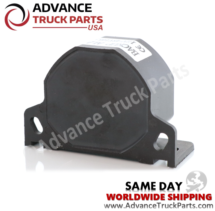 Advance Truck Parts USA backup alarm showing a rear studio perspective of the sealed housing and mounting slots on a branded background