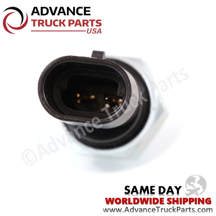 Advance Truck Parts USA branded studio close up angled perspective looking directly into the black Packard Metri-Pack connector housing and 2-pin layout of the heavy-duty backup light switch