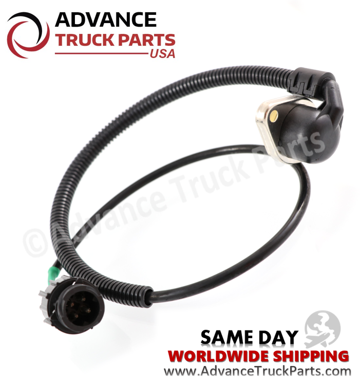 Advance Truck Parts USA branded studio angled perspective displaying the complete replacement boost pressure and temperature sensor featuring the black protective dome, metal flange, corrugated protective wire loom, and round electrical socket