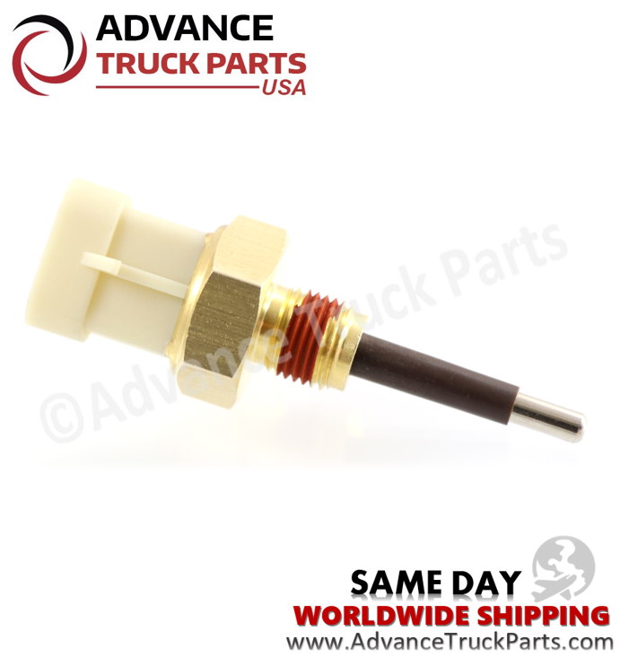 Advance Truck Parts USA branded studio horizontal left side angled perspective highlighting the white connector and brass threaded body of the heavy-duty engine coolant level sensor for commercial trucks