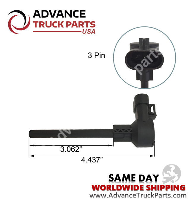 Advance Truck Parts USA branded studio dimension guide and close-up perspective showcasing the heavy-duty engine coolant level sensor highlighting the 4.437-inch overall length, 3.062-inch probe length, and an inset magnified view of the 3-pin electrical socket