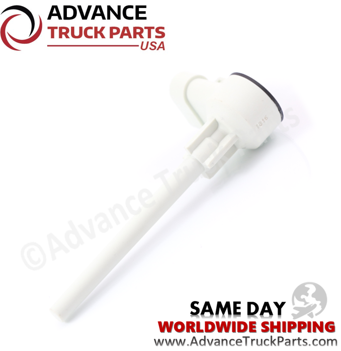 Advance Truck Parts USA branded studio angled top down perspective highlighting the black cap and 4.5 inch long white plastic probe of the heavy-duty engine coolant level sensor