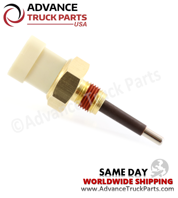Advance Truck Parts USA branded studio right side angled perspective of the heavy-duty engine coolant level sensor showcasing the complete assembly from the white 4-pin connector to the metal probe tip