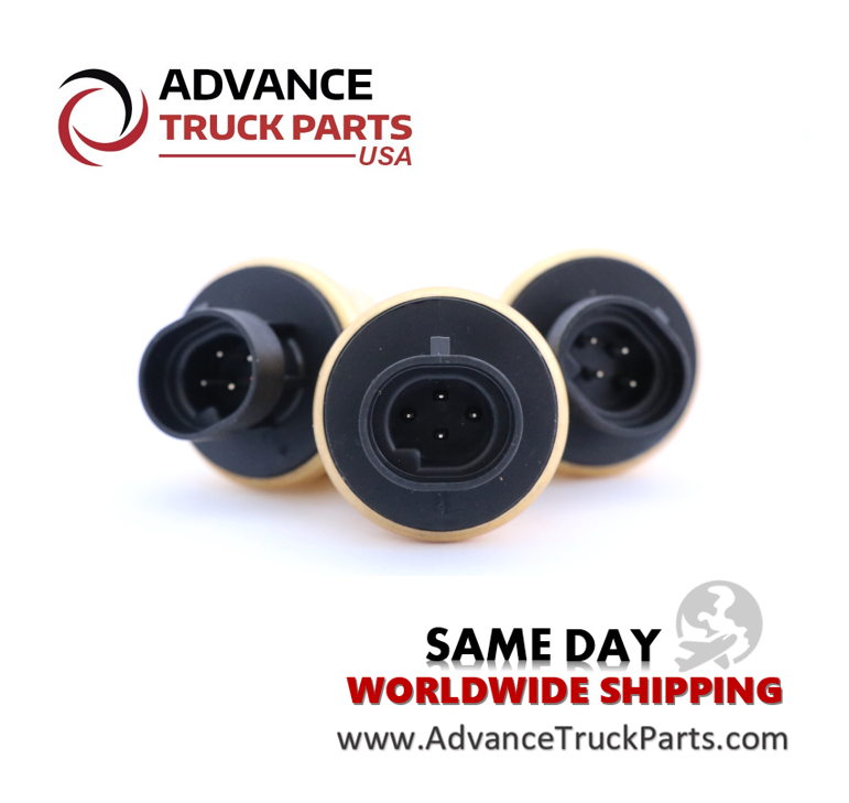 Advance Truck Parts USA branded studio top down perspective looking into the black connector housings and 4-pin internal layouts of the 3 heavy-duty engine coolant level sensors