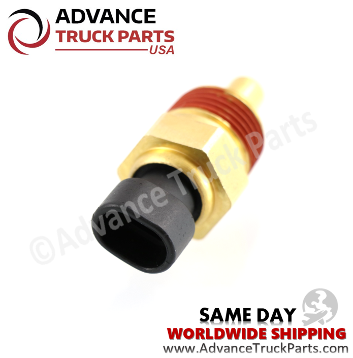 Advance Truck Parts USA branded studio angled rear perspective displaying the black oval electrical socket, brass hex body, and red thread sealant of the commercial truck differential temperature sensor
