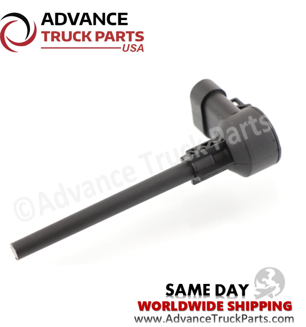 Advance Truck Parts USA branded studio angled rear perspective displaying the black plastic housing, ribbed mounting structure, and extended sensing probe of the replacement commercial truck coolant level sensor