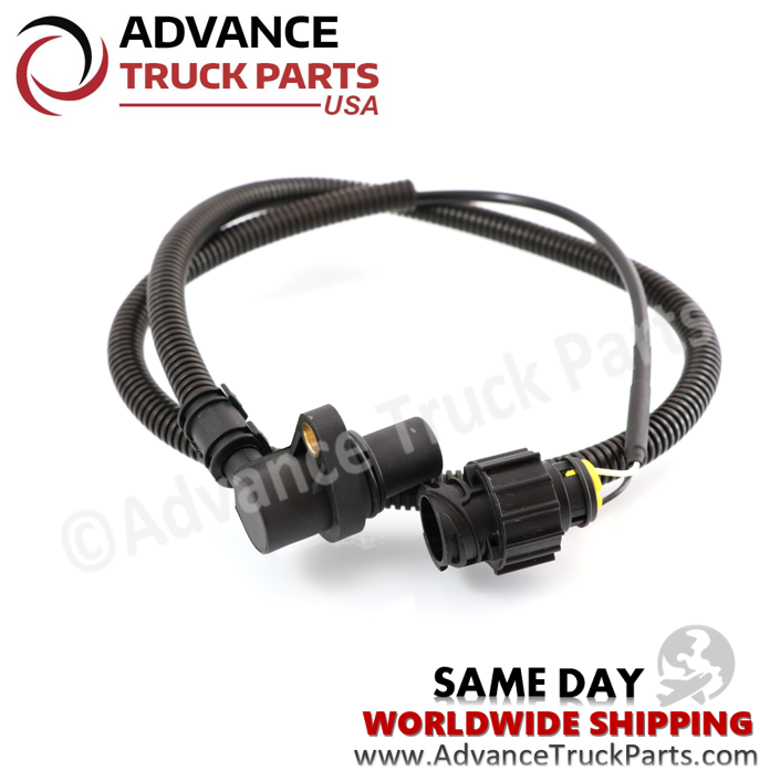Advance Truck Parts heavy-duty flywheel speed sensor showing a studio view of the mounting bracket and harness on a branded background