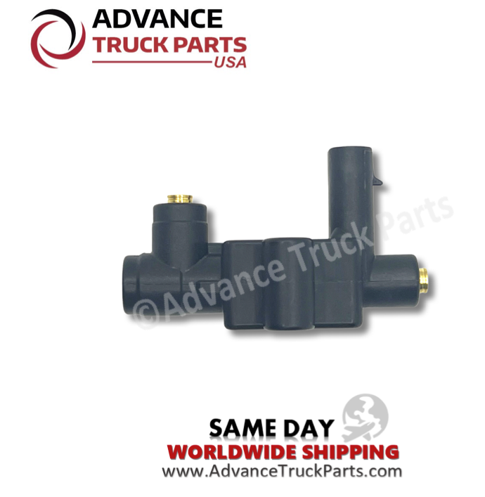 Advance Truck Parts USA branded studio left side profile perspective of the heavy-duty replacement normally open solenoid valve for Freightliner applications