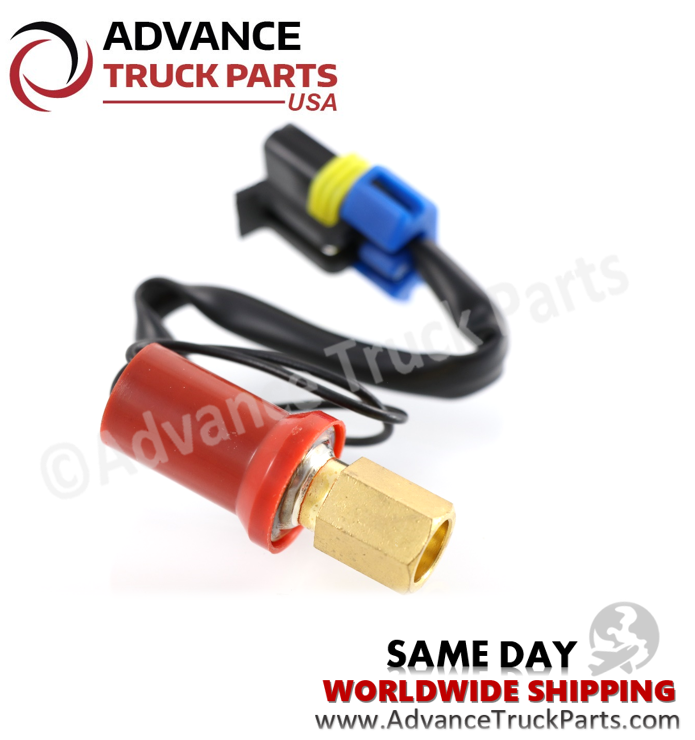 Advance Truck Parts USA branded studio perspective displaying the replacement high pressure switch featuring the hexagonal brass female M10-1.25 port, red boot cover, and attached pigtail harness