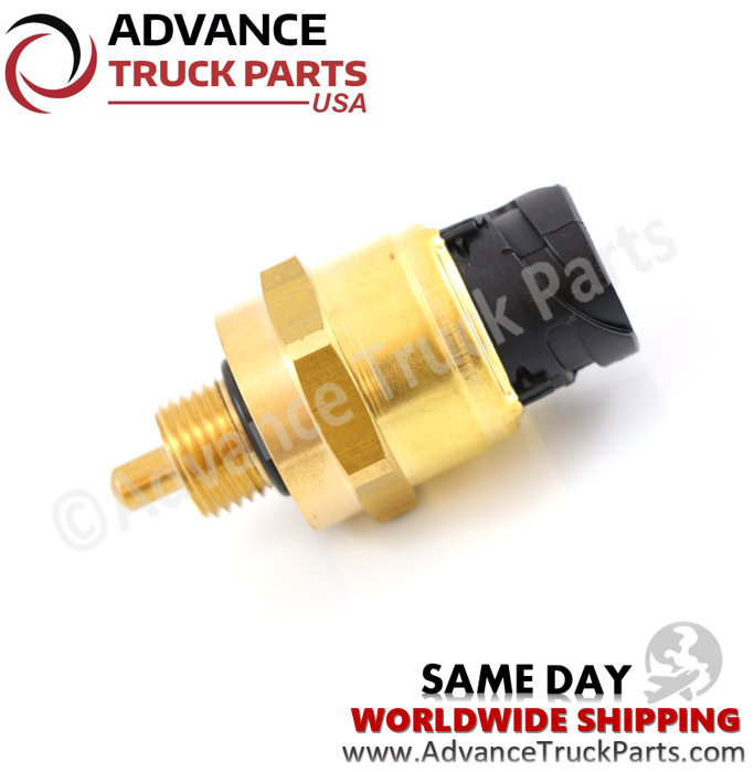 Advance Truck Parts USA branded studio angled horizontal perspective displaying the replacement engine oil pressure and temperature sensor featuring a brass threaded body, black sealing O-ring, and black plastic connector