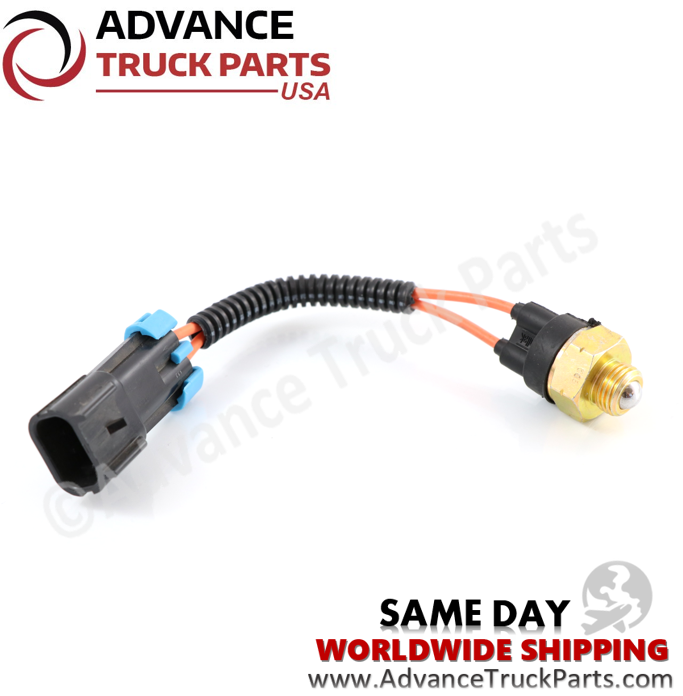Advance Truck Parts USA branded studio angled perspective displaying the complete replacement reverse back-up switch featuring the brass threaded ball probe, flexible wire loom, and connection plug