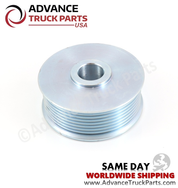 Advance Truck Parts USA heavy duty serpentine pulley displaying a front perspective of the multi-ribbed belt grooves and mounting hub