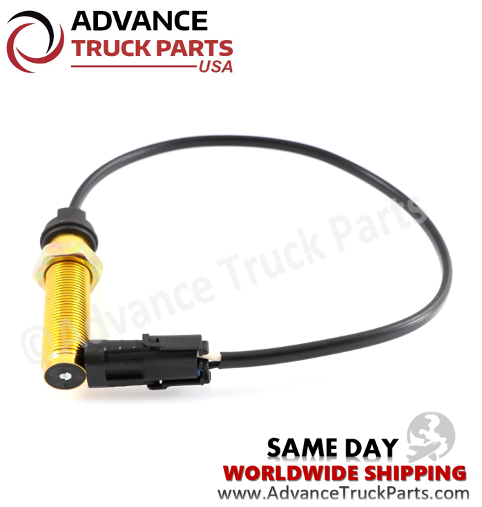 Advance Truck Parts USA branded studio angled vertical perspective displaying the gold aluminum threaded body, circular sensing tip, and black wiring harness of the heavy-duty Freightliner speed sensor
