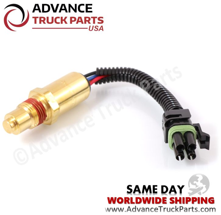 Advance Truck Parts USA branded studio angled perspective showcasing the heavy-duty temperature fan timer switch highlighting the brass metallic body, red thread sealant, protective black wire sleeve, and multi-pin electrical connector for Peterbilt commercial trucks