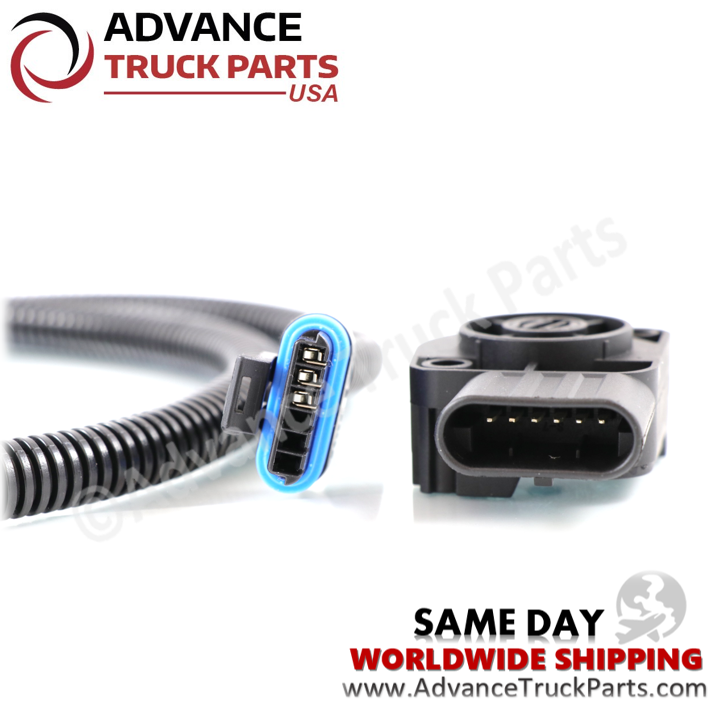 Advance Truck Parts USA branded studio close-up perspective featuring the 3-pin electrical harness connector with a blue weather seal alongside the multi-pin terminal socket of the throttle position sensor body