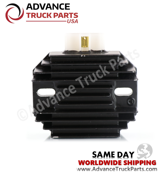 Advance Truck Parts USA branded studio front perspective showcasing the heavy-duty replacement voltage regulator rectifier highlighting the black ceramic hybrid finned heatsink and top electrical connector for commercial equipment