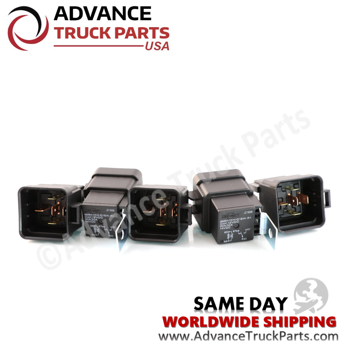 Advance Truck Parts USA branded studio perspective featuring an assortment of five automotive micro relays displaying various angles including the bottom brass terminals, printed side schematics, and steel mounting brackets