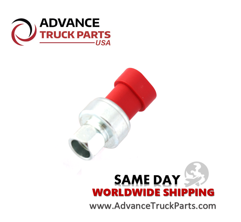 Advance Truck Parts USA branded studio angled perspective showcasing the replacement high pressure air conditioning switch highlighting the silver metallic hex fitting and red electrical housing for heavy-duty applications