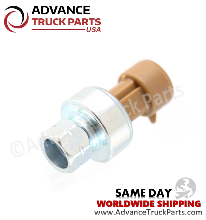 Advance Truck Parts USA Navistar high pressure A/C switch showing an angled studio view highlighting the female threaded port on a branded background