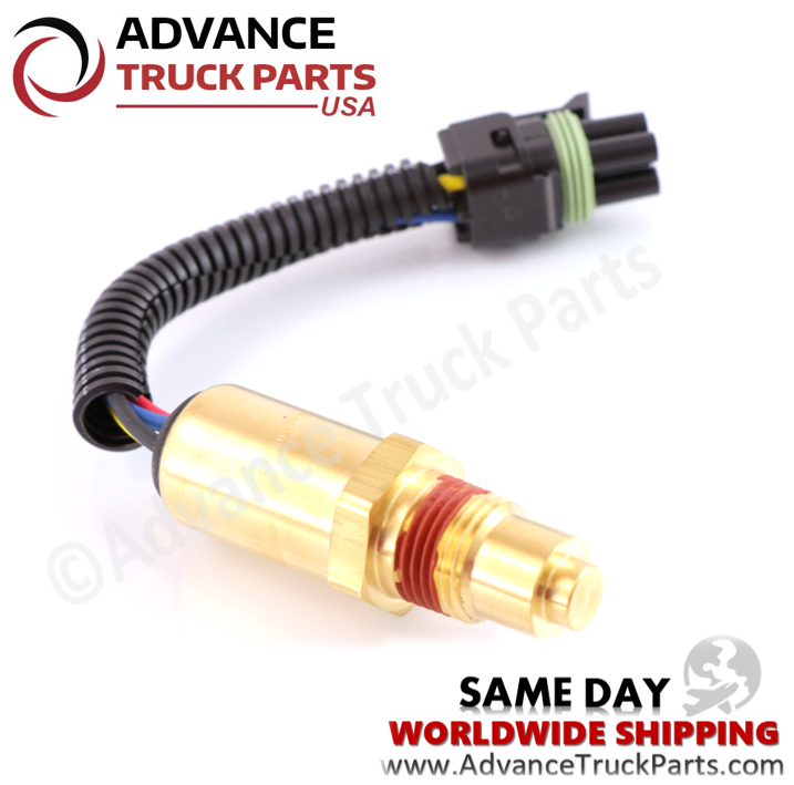Advance Truck Parts USA branded studio angled perspective displaying the normally open temperature fan switch featuring the brass threaded probe, exposed colored connection wires entering the black corrugated loom, and locking electrical receptacle