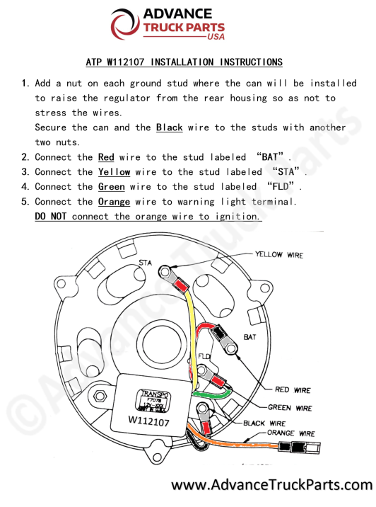 Advance Truck Parts USA installation instruction diagram for the alternator conversion kit wiring layout