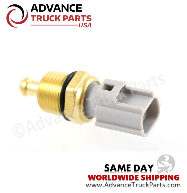 Advance Truck Parts USA branded studio angled view highlighting the brass threaded fitting, O-ring, and grey connector housing of the temperature sensor
