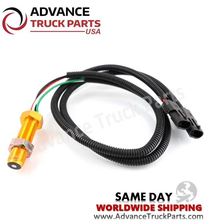 Advance Truck Parts USA branded studio view showcasing the complete assembly of the 4-wire speed sensor with its coiled protective loom