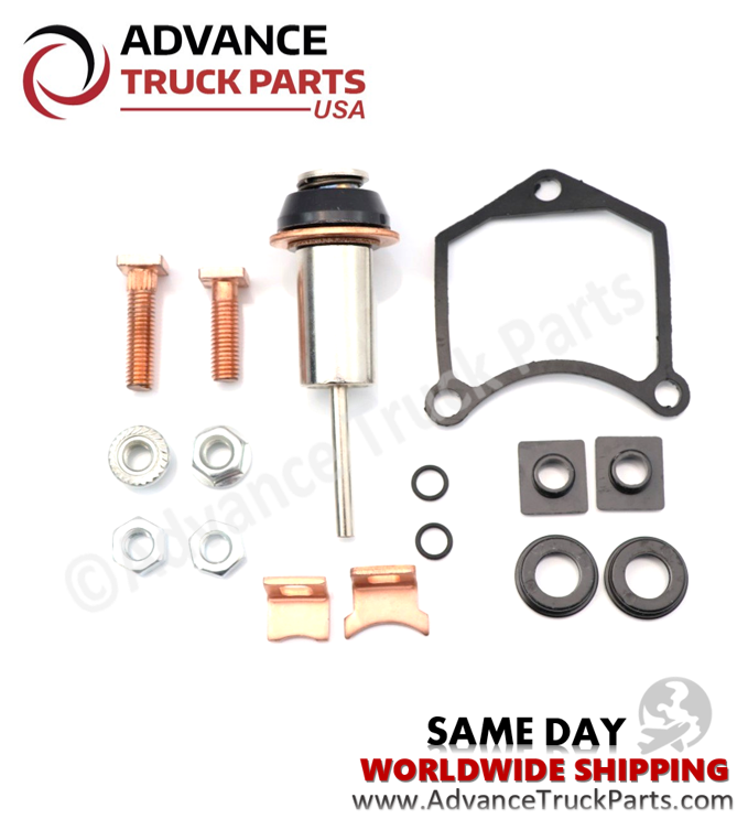 Advance Truck Parts USA John Deere tractor starter solenoid repair kit displaying an overhead studio flat-lay of all internal replacement components on a branded background