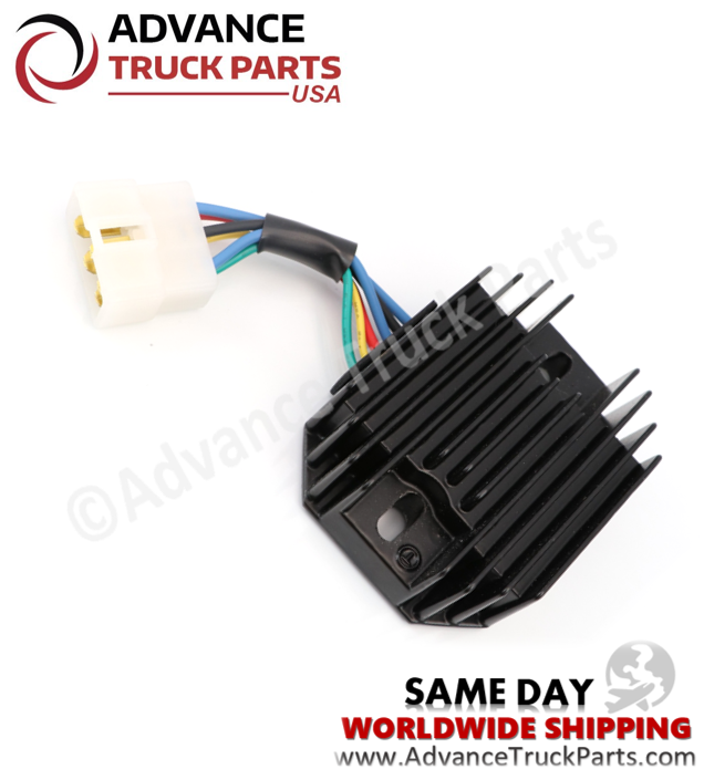 Advance Truck Parts USA John Deere voltage regulator displaying a studio perspective of the rectangular connector and cooling fins on a branded background