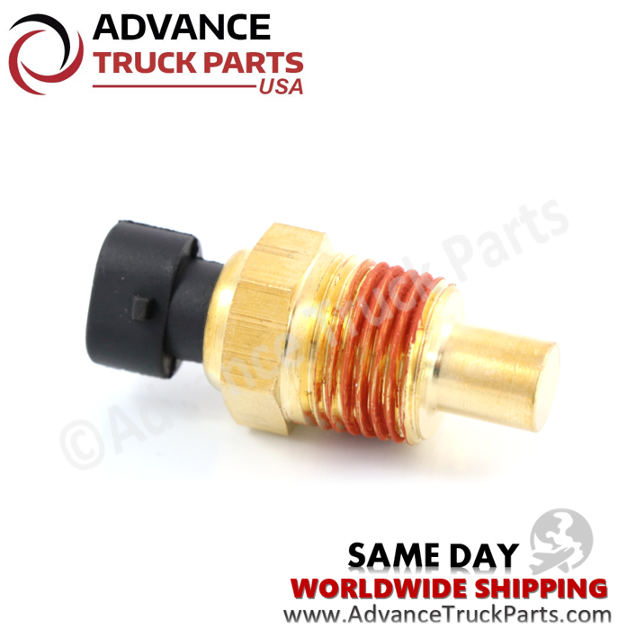 Advance Truck Parts USA Kenworth replacement coolant temperature sensor showcasing an angled studio perspective of the probe tip and threads 