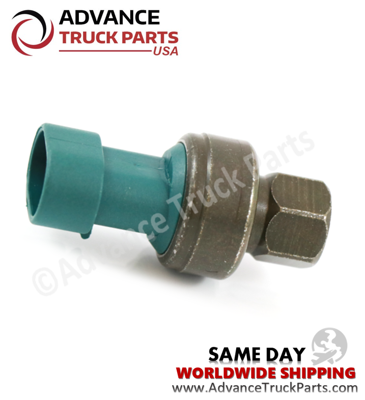 Advance Truck Parts USA branded studio left side angled perspective of the heavy-duty normally closed high pressure A/C switch highlighting the green connector housing for Kenworth and Peterbilt commercial trucks