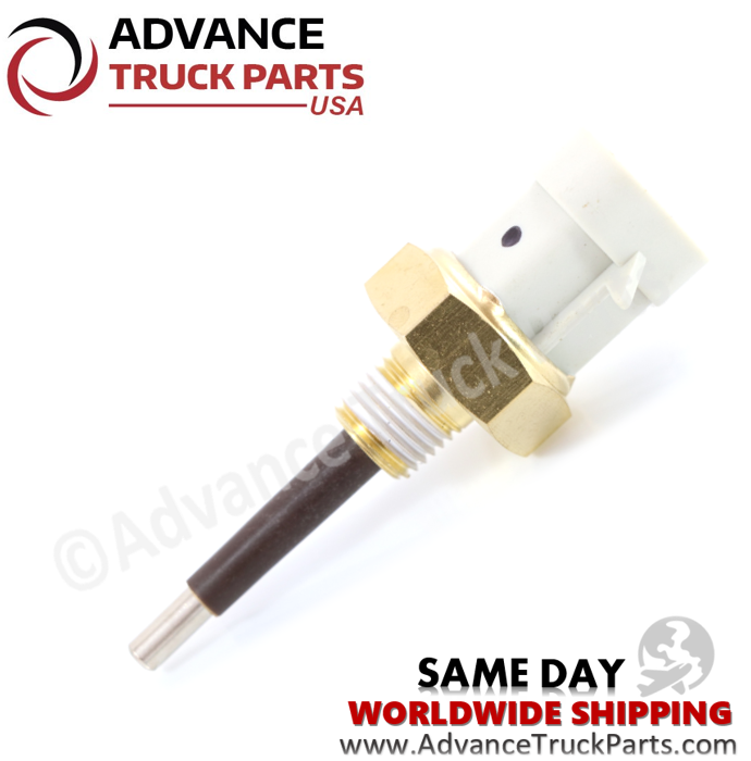 Advance Truck Parts USA branded studio angled vertical perspective showcasing the heavy-duty radiator water low cooling probe featuring a brown sensing shaft, brass threaded body with sealant, and grey plastic housing