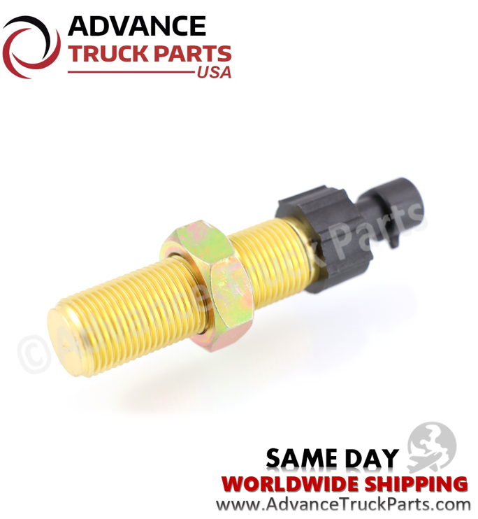 Advance Truck Parts Kenworth and Peterbilt speed sensor displaying a horizontal studio profile highlighting the threaded brass housing on a branded background