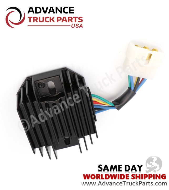 Advance Truck Parts USA Kokusan Denki voltage regulator displaying a top-down studio view of the cooling fins and connector on a branded background
