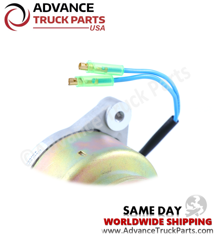 Advance Truck Parts USA branded studio close-up perspective highlighting the electrical connections of the replacement alternator featuring two blue wire leads terminating in green protective sleeves with brass bullet connectors
