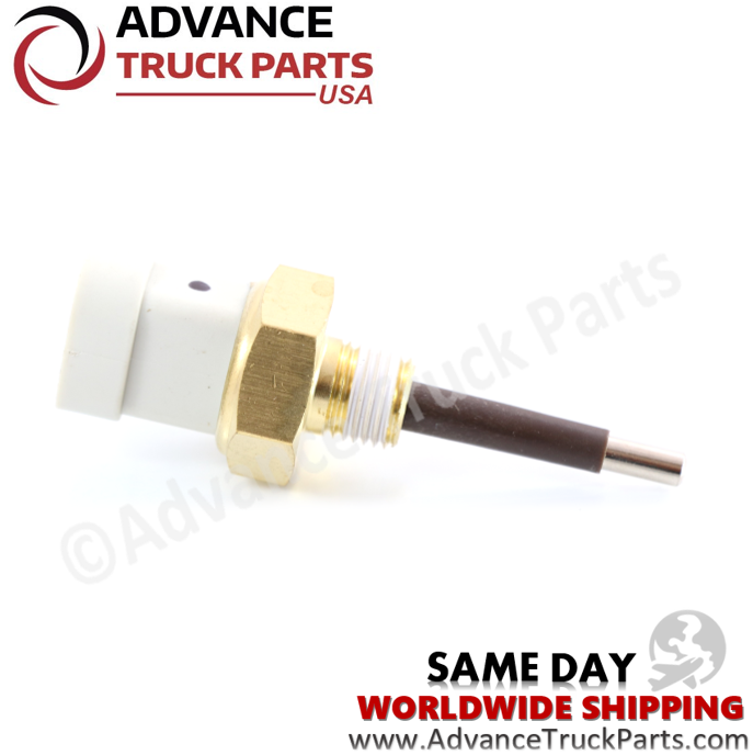 Advance Truck Parts USA branded studio horizontal perspective displaying the replacement radiator coolant probe highlighting the protective grey connector housing, brass hex base, and extended sensing tip for commercial trucks