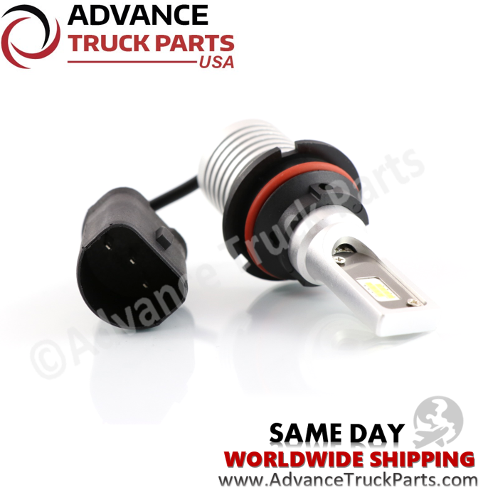 Advance Truck Parts USA 9004 LED headlight bulb showing an angled perspective of the diode face, red O-ring seal, and heatsink housing