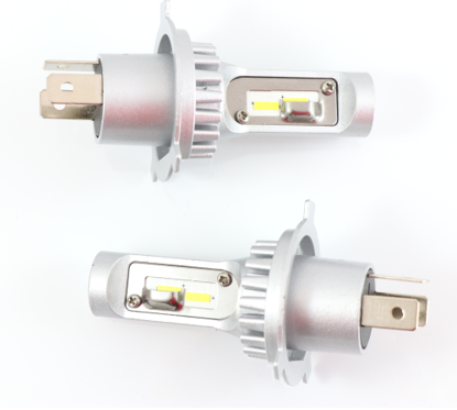 Advance Truck Parts USA H4 HL LED headlight bulb showing top and bottom perspective of the emitter panels and mounting collar