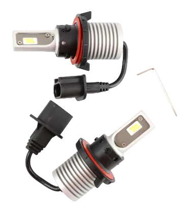 Advance Truck Parts USA H13 HL fan-less LED headlight bulb set displayed with wiring pigtails and adjustment hex tool