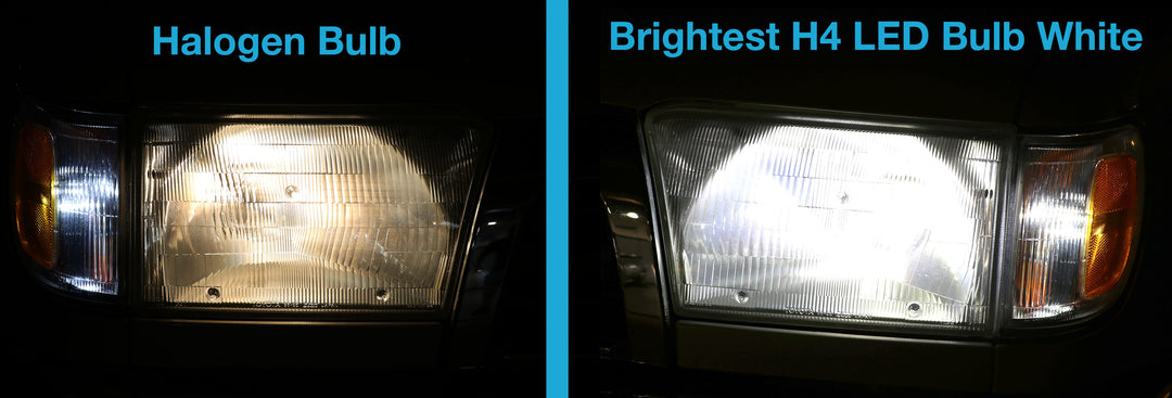 Advance Truck Parts USA Comparison image showing a yellow halogen bulb headlight output versus the bright white light output of the H4 LED headlight bulb