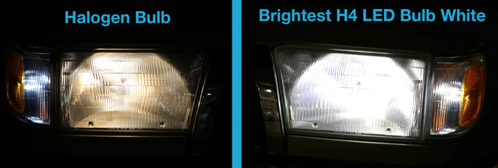 Advance Truck Parts USA Comparison image showing a yellow halogen bulb headlight output versus the bright white light output of the H4 LED headlight bulb