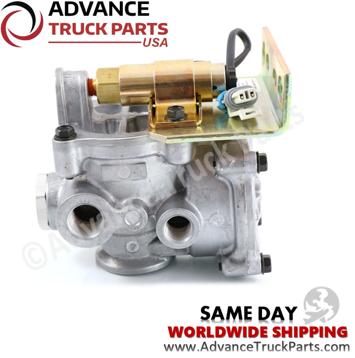 Advance Truck Parts USA branded studio side profile view of the lift axle control valve showing threaded ports and electrical connector