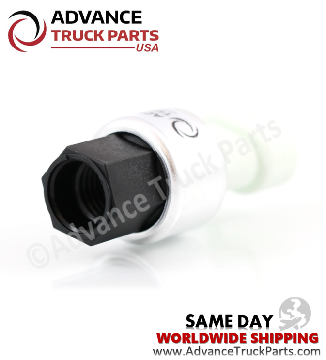Advance Truck Parts USA branded studio angled perspective showcasing the low pressure switch highlighting the black hexagonal M12 threaded female port and metallic housing for commercial truck HVAC systems