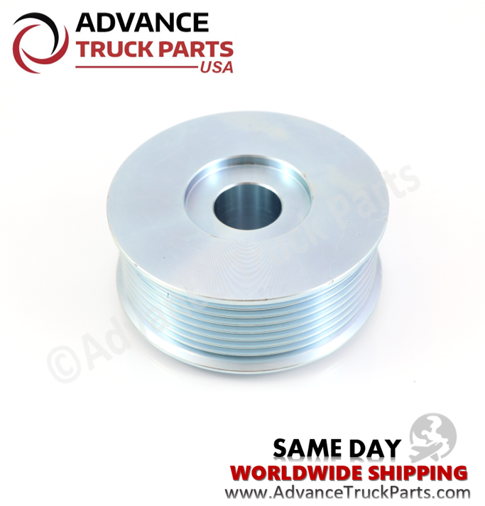 Advance Truck Parts USA machined steel alternator pulley highlighting a close-up perspective of the eight-groove profile and metallic finish
