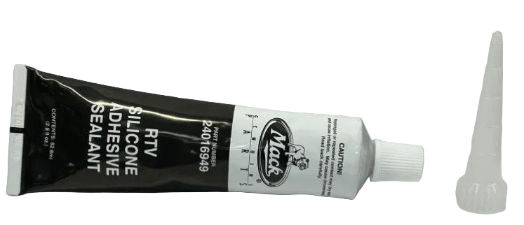 Mack 24016949 RTV black silicone adhesive sealant tube with application nozzle on a plain background